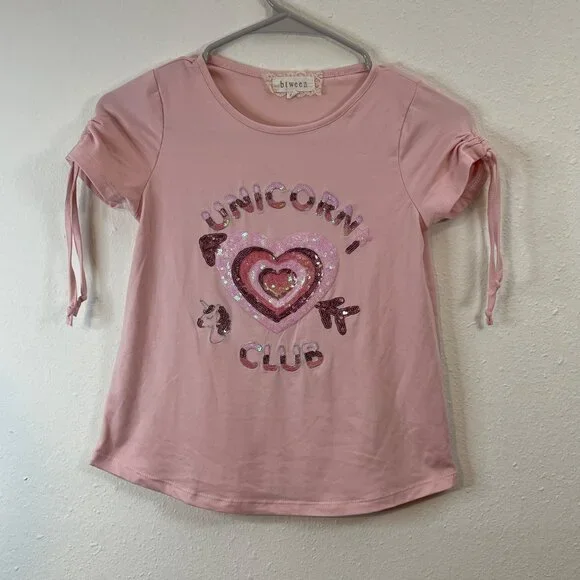 Btween Girls Pink Unicorn Club Sequin Tie-Sleeve T-Shirt Size 10 - Picture 2 of 11